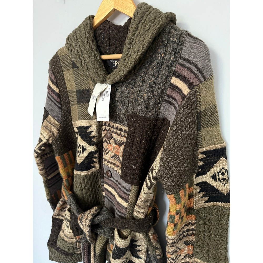NWT RRL Double RL Patchwork Ranch Cardigan Shawl Collar Belted Wool Blend Mens S - Picture 2 of 16
